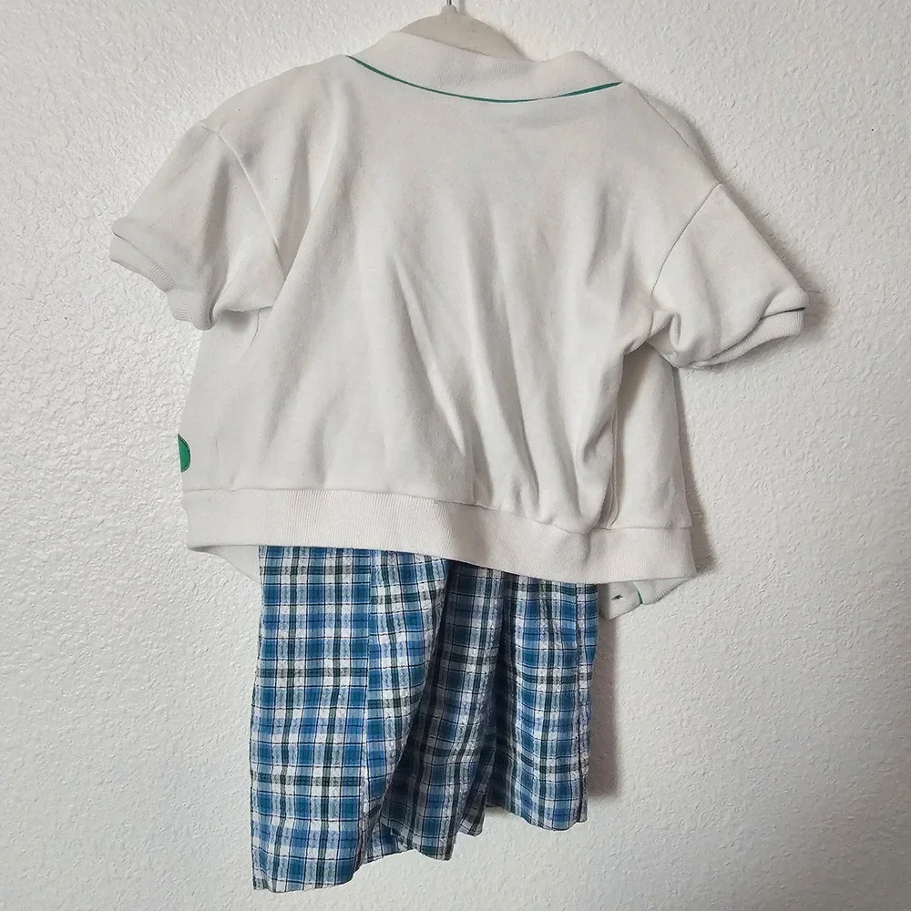 Vintage 18M Golf Teddy Bear Romper and Cardigan Set Blue Green Plaid 2pc